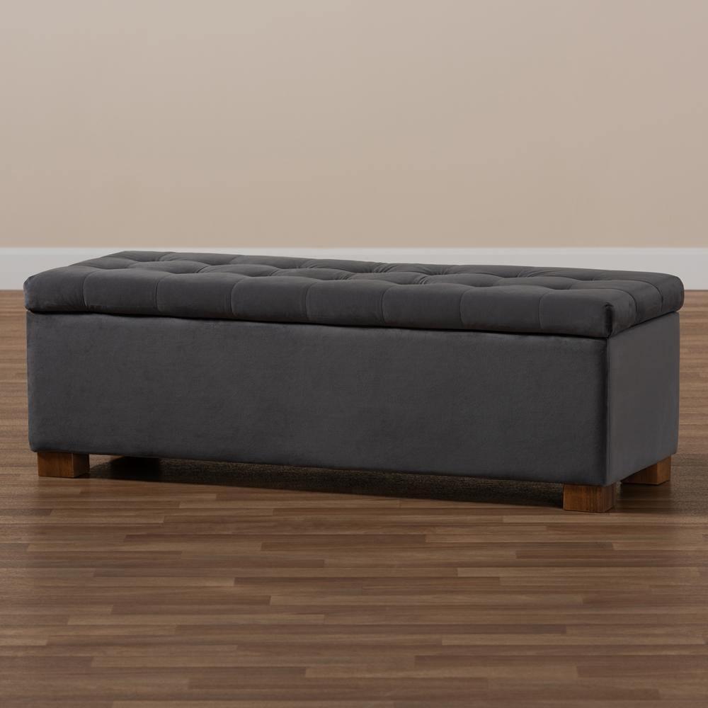 Roanoke Modern and Contemporary Grey Velvet Fabric Upholstered Grid-Tufted Storage Ottoman Bench FredCo