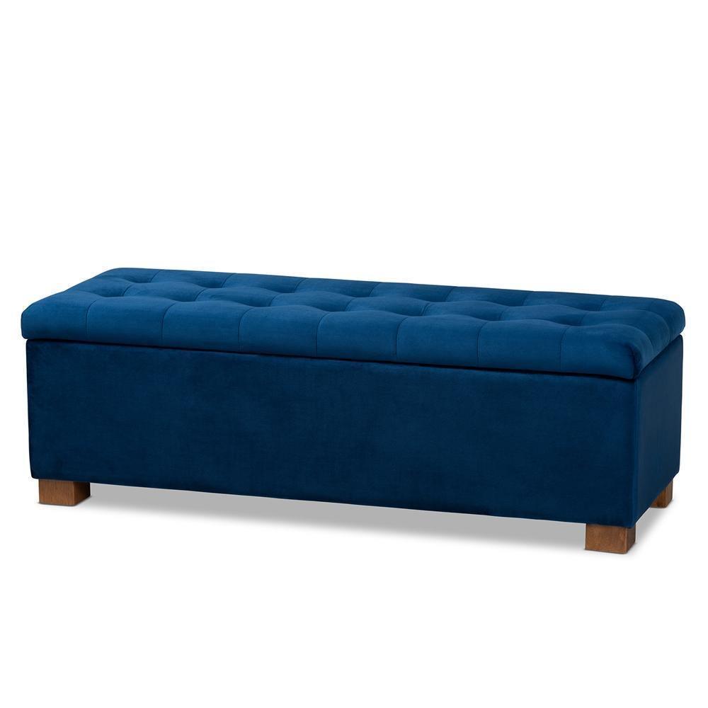 Roanoke Modern and Contemporary Navy Blue Velvet Fabric Upholstered Grid-Tufted Storage Ottoman Bench FredCo