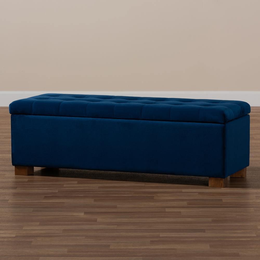 Roanoke Modern and Contemporary Navy Blue Velvet Fabric Upholstered Grid-Tufted Storage Ottoman Bench FredCo