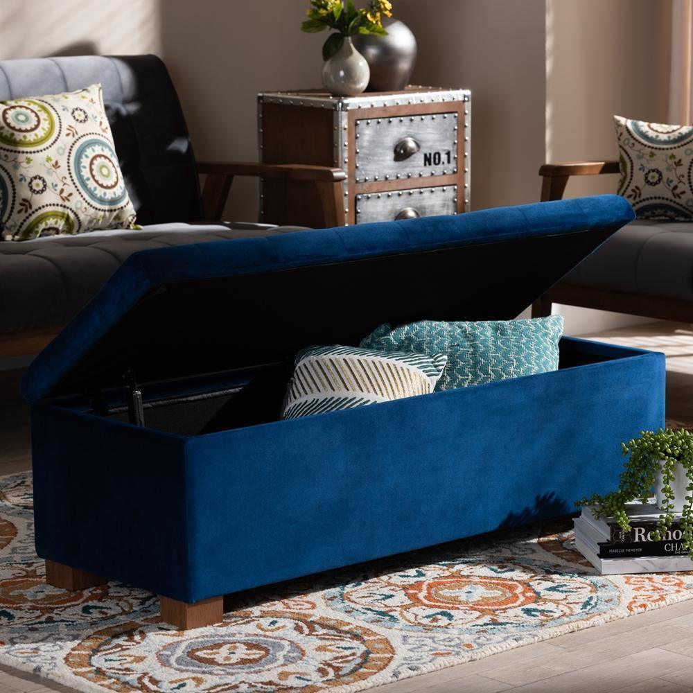 Roanoke Modern and Contemporary Navy Blue Velvet Fabric Upholstered Grid-Tufted Storage Ottoman Bench FredCo