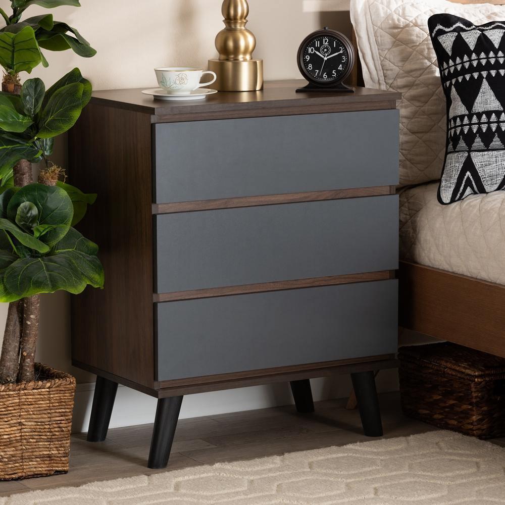 Roldan Modern and Contemporary Two-Tone Walnut and Grey Finished Wood 3-Drawer Bedroom Chest FredCo