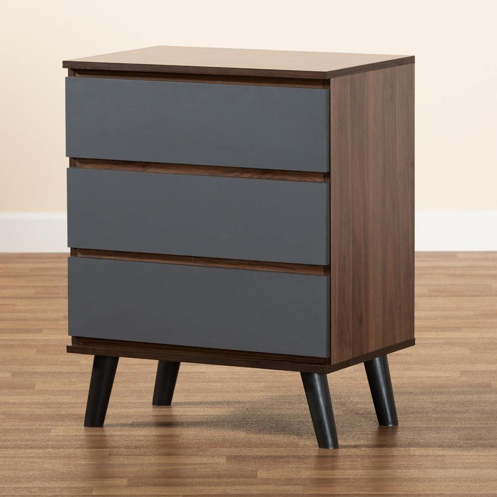 Roldan Modern and Contemporary Two-Tone Walnut and Grey Finished Wood 3-Drawer Bedroom Chest FredCo