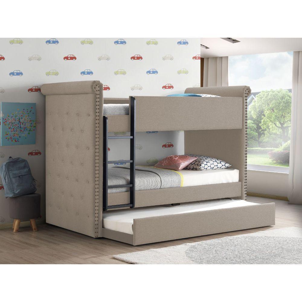 Romana II Twin/Twin Bunk Bed & Trundle Beige Fabric FredCo