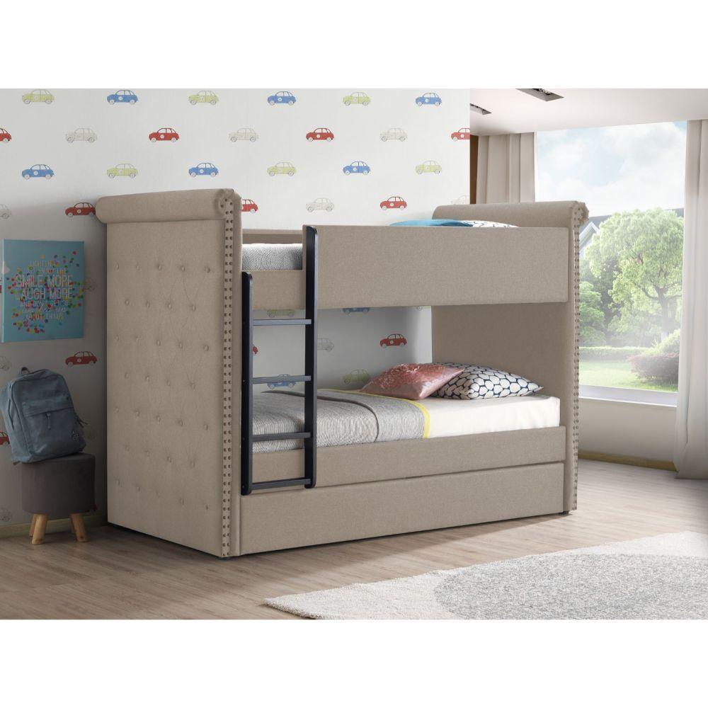 Romana II Twin/Twin Bunk Bed & Trundle Beige Fabric FredCo