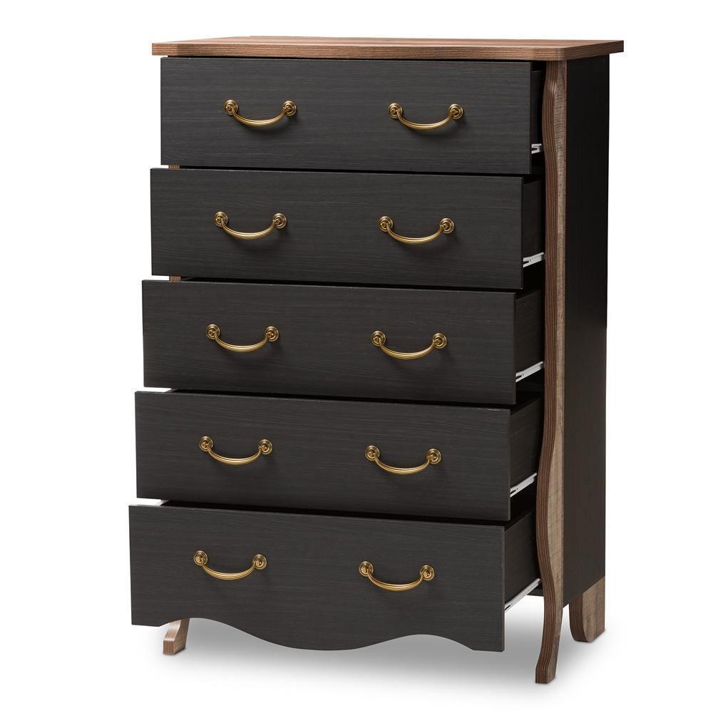 Romilly Country Cottage Farmhouse Black and Oak-Finished Wood 5-Drawer Chest FredCo