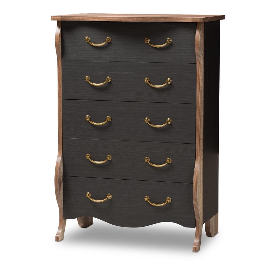 Romilly Country Cottage Farmhouse Black and Oak-Finished Wood 5-Drawer Chest FredCo