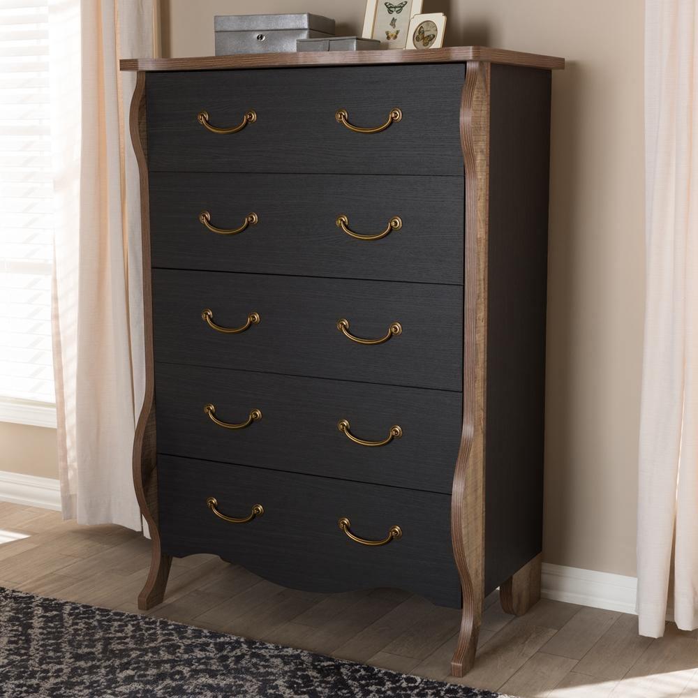 Romilly Country Cottage Farmhouse Black and Oak-Finished Wood 5-Drawer Chest FredCo