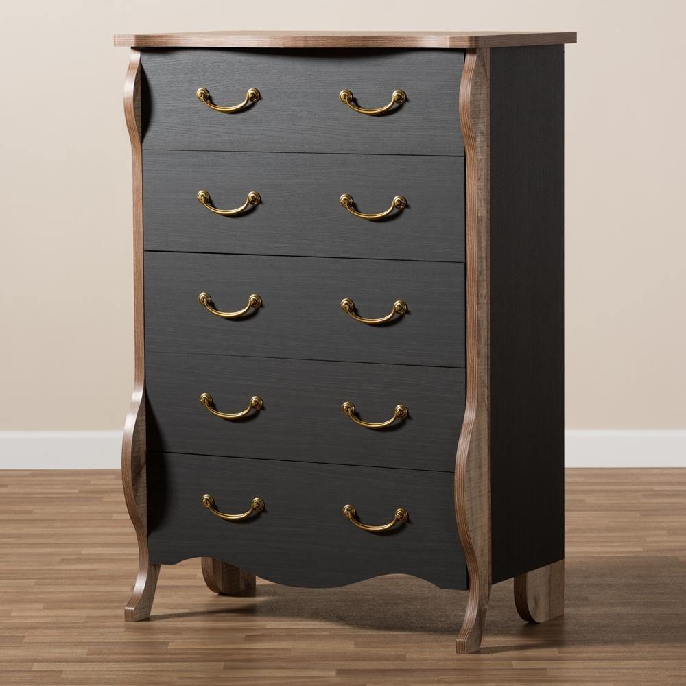 Romilly Country Cottage Farmhouse Black and Oak-Finished Wood 5-Drawer Chest FredCo