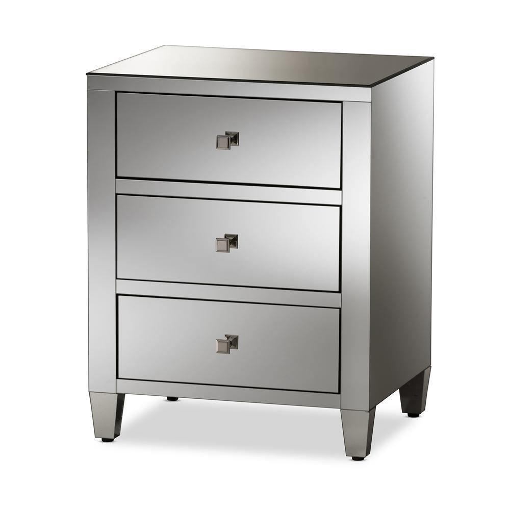 Rosalind Hollywood Regency Glamour Style Mirrored 3-Drawer Nightstand (Set of 2) FredCo