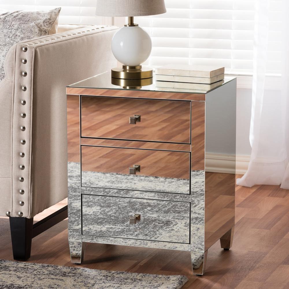 Rosalind Hollywood Regency Glamour Style Mirrored 3-Drawer Nightstand (Set of 2) FredCo