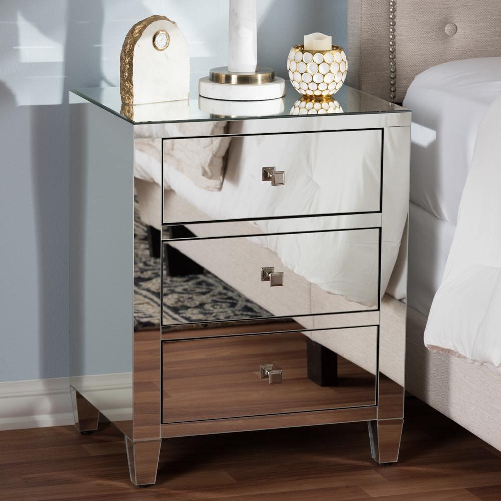 Rosalind Hollywood Regency Glamour Style Mirrored 3-Drawer Nightstand (Set of 2) FredCo