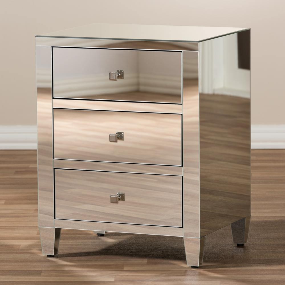 Rosalind Hollywood Regency Glamour Style Mirrored 3-Drawer Nightstand (Set of 2) FredCo