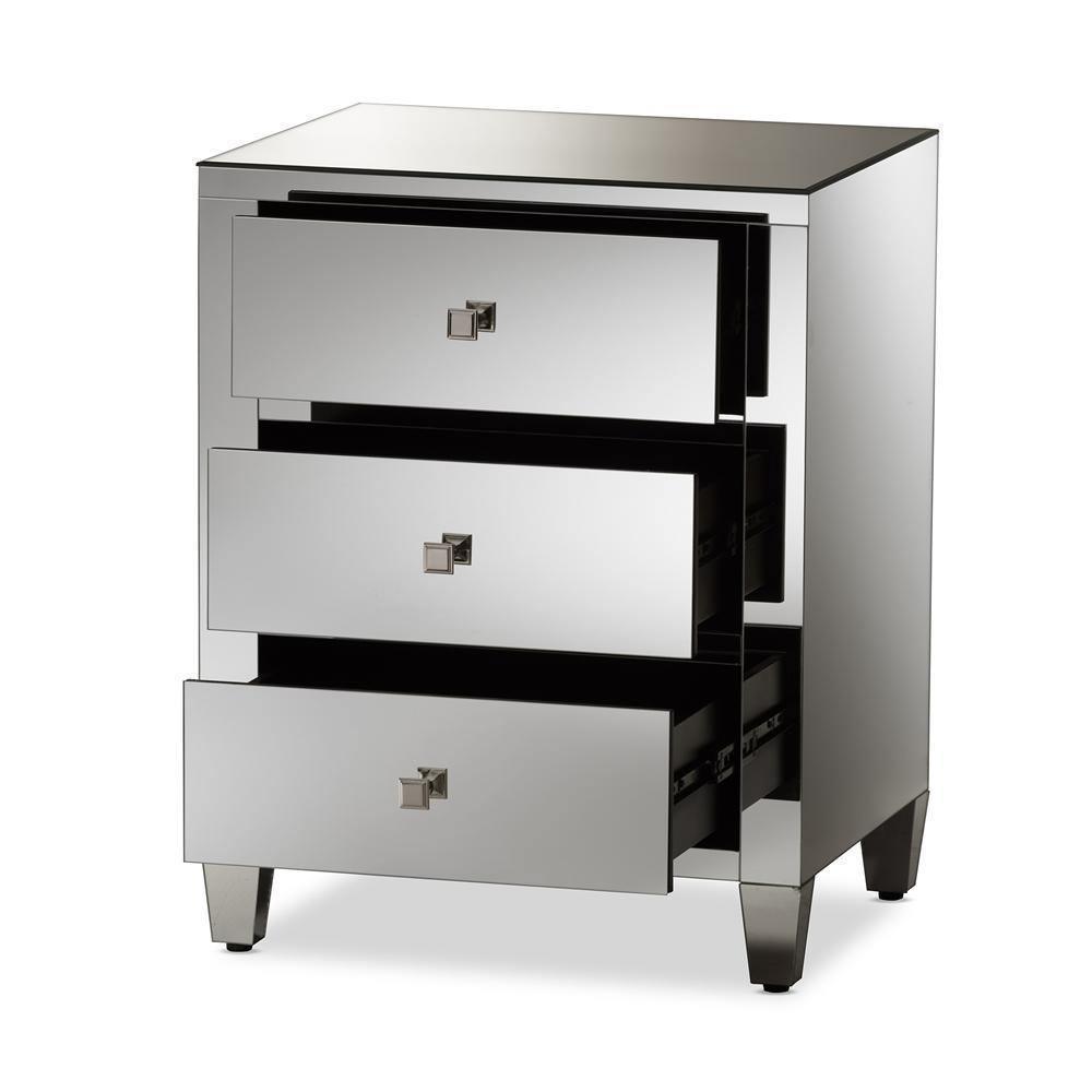 Rosalind Hollywood Regency Glamour Style Mirrored 3-Drawer Nightstand (Set of 2) FredCo