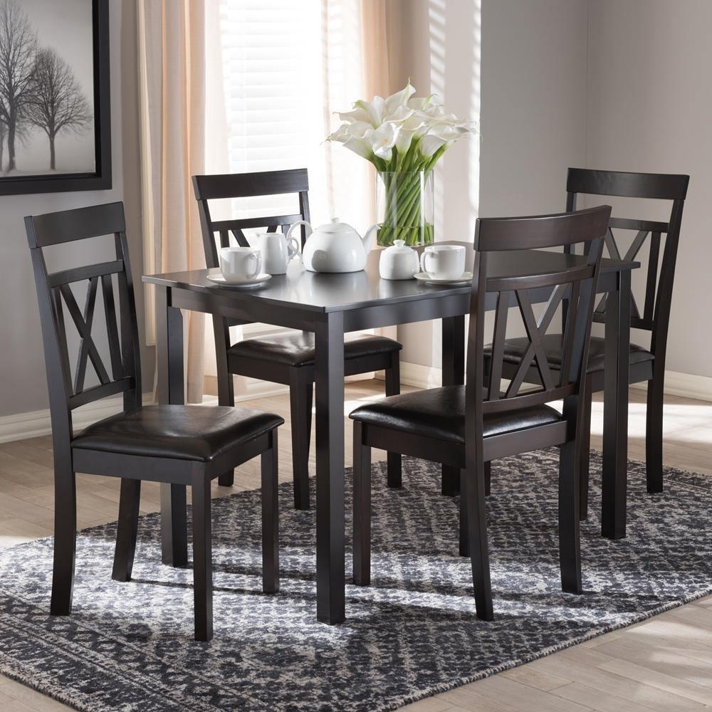 Rosie Modern and Contemporary Dark Brown Faux Leather Upholstered 5-Piece Dining Set FredCo
