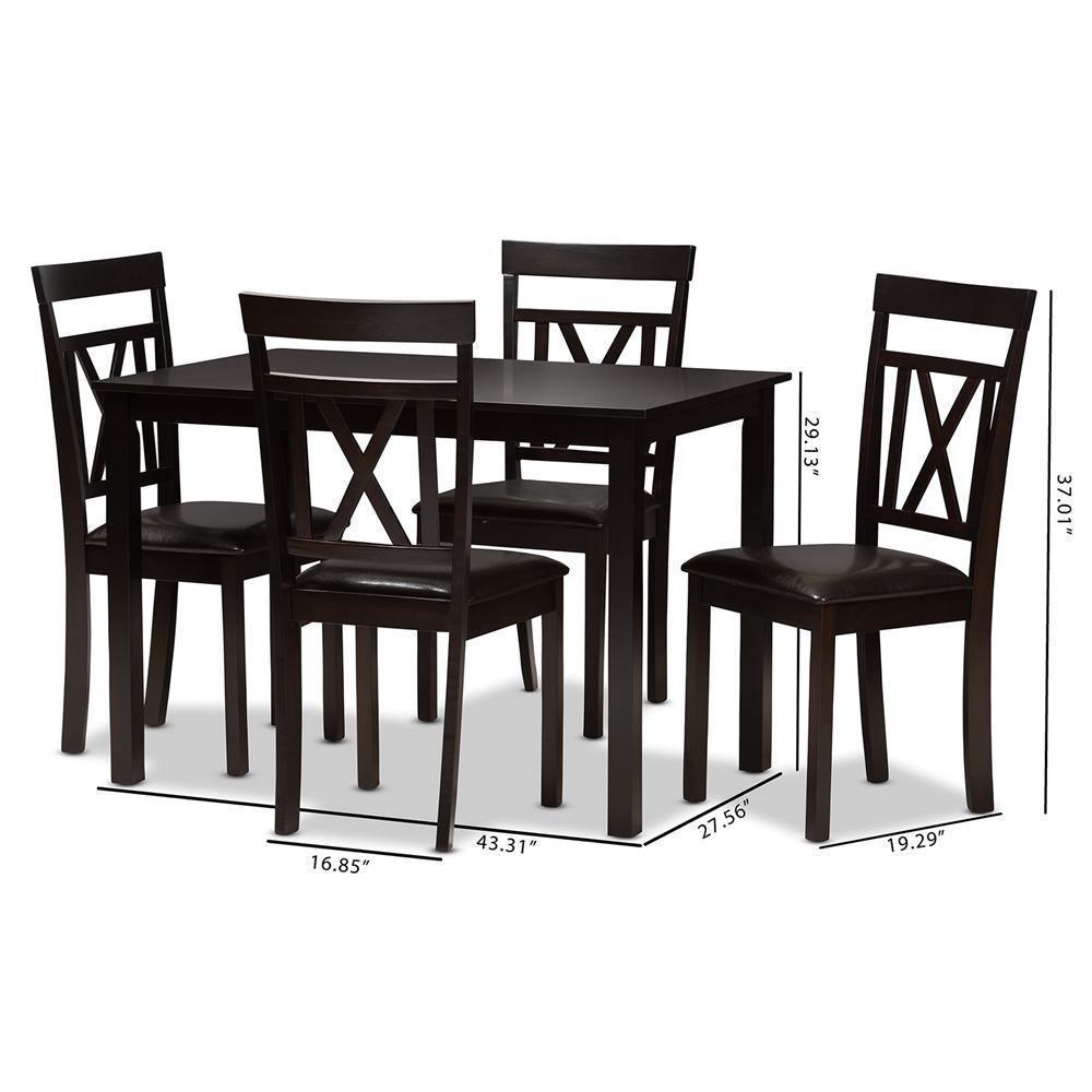 Rosie Modern and Contemporary Dark Brown Faux Leather Upholstered 5-Piece Dining Set FredCo