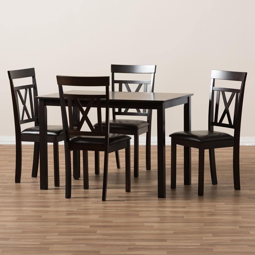 Rosie Modern and Contemporary Dark Brown Faux Leather Upholstered 5-Piece Dining Set FredCo