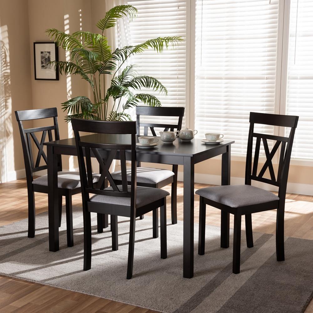 Rosie Modern and Contemporary Espresso Brown Finished and Grey Fabric Upholstered 5-Piece Dining Set FredCo
