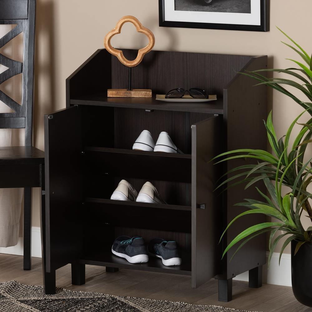 Rossin Modern and Contemporary Dark Brown Finished Wood 2-Door Entryway Shoe Storage Cabinet with Top Shelf FredCo