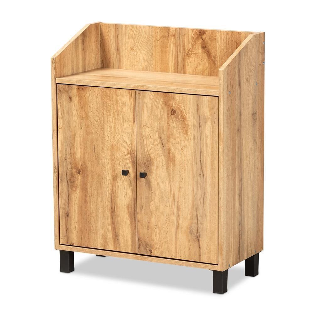 Rossin Modern and Contemporary Oak Brown Finished Wood 2-Door Entryway Shoe Storage Cabinet with Top Shelf FredCo