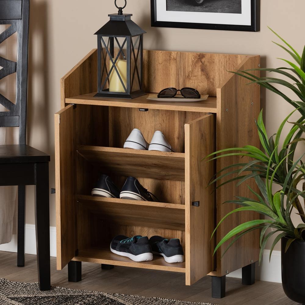 Rossin Modern and Contemporary Oak Brown Finished Wood 2-Door Entryway Shoe Storage Cabinet with Top Shelf FredCo