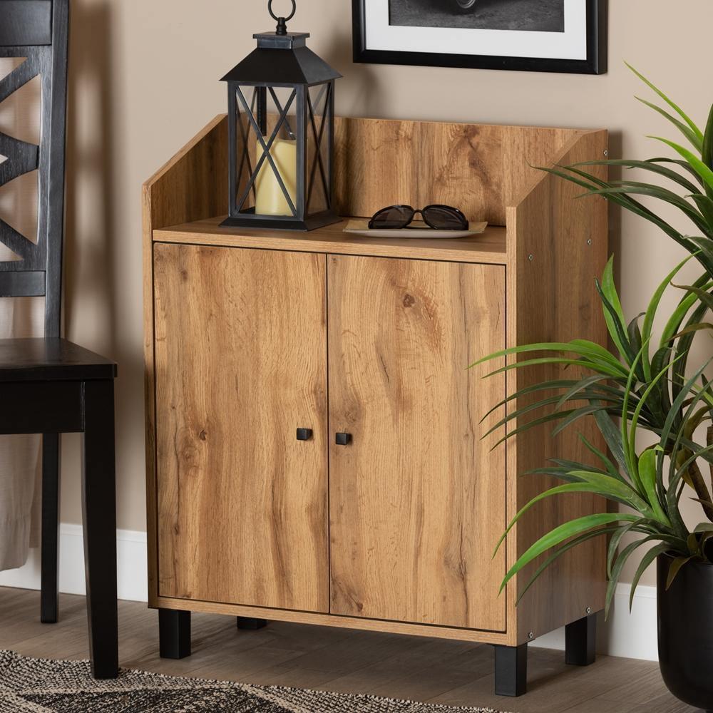 Rossin Modern and Contemporary Oak Brown Finished Wood 2-Door Entryway Shoe Storage Cabinet with Top Shelf FredCo