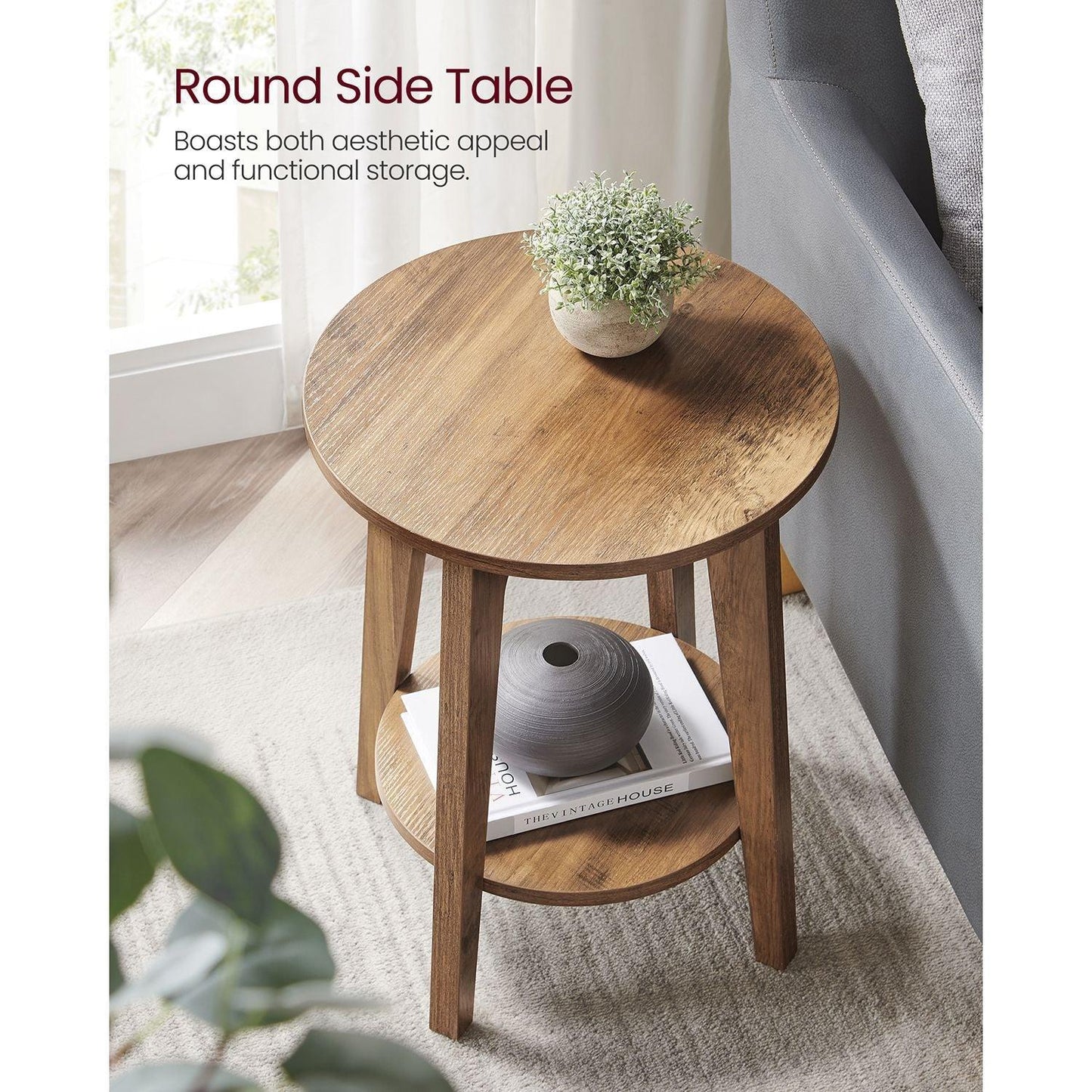 Round End Table with Shelf Farmhouse Walnut FredCo