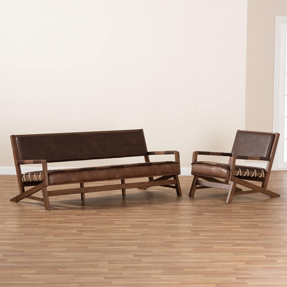 Rovelyn Rustic Brown Faux Leather Upholstered Walnut Finished Wood 2-Piece Living Room Set FredCo