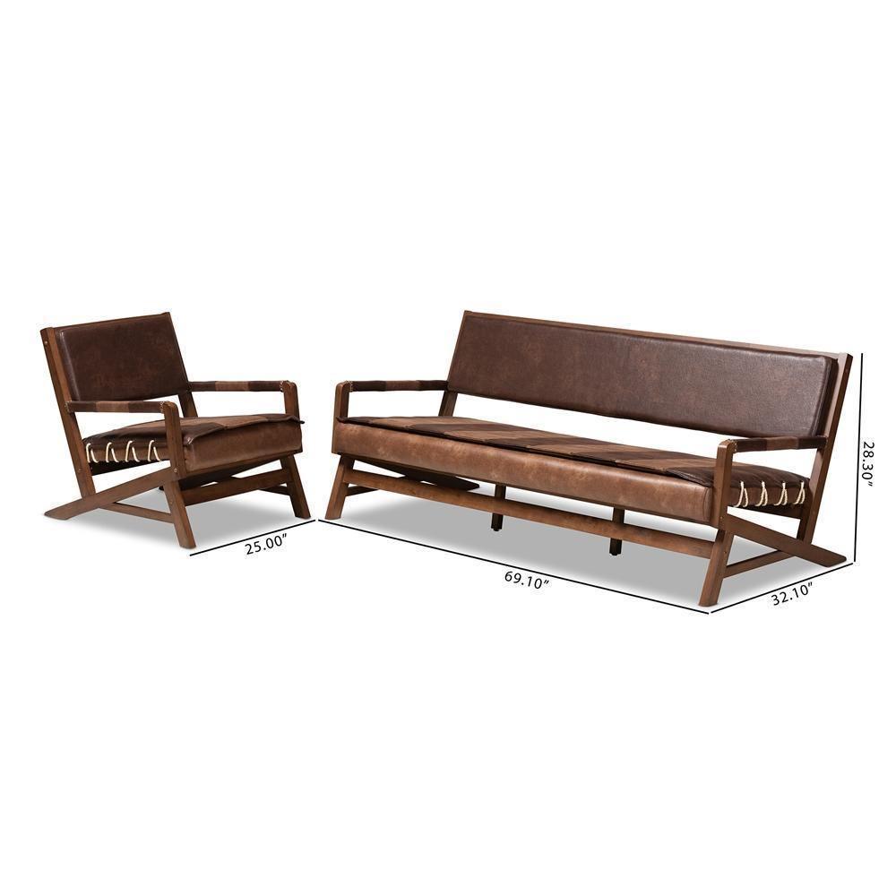 Rovelyn Rustic Brown Faux Leather Upholstered Walnut Finished Wood 2-Piece Living Room Set FredCo