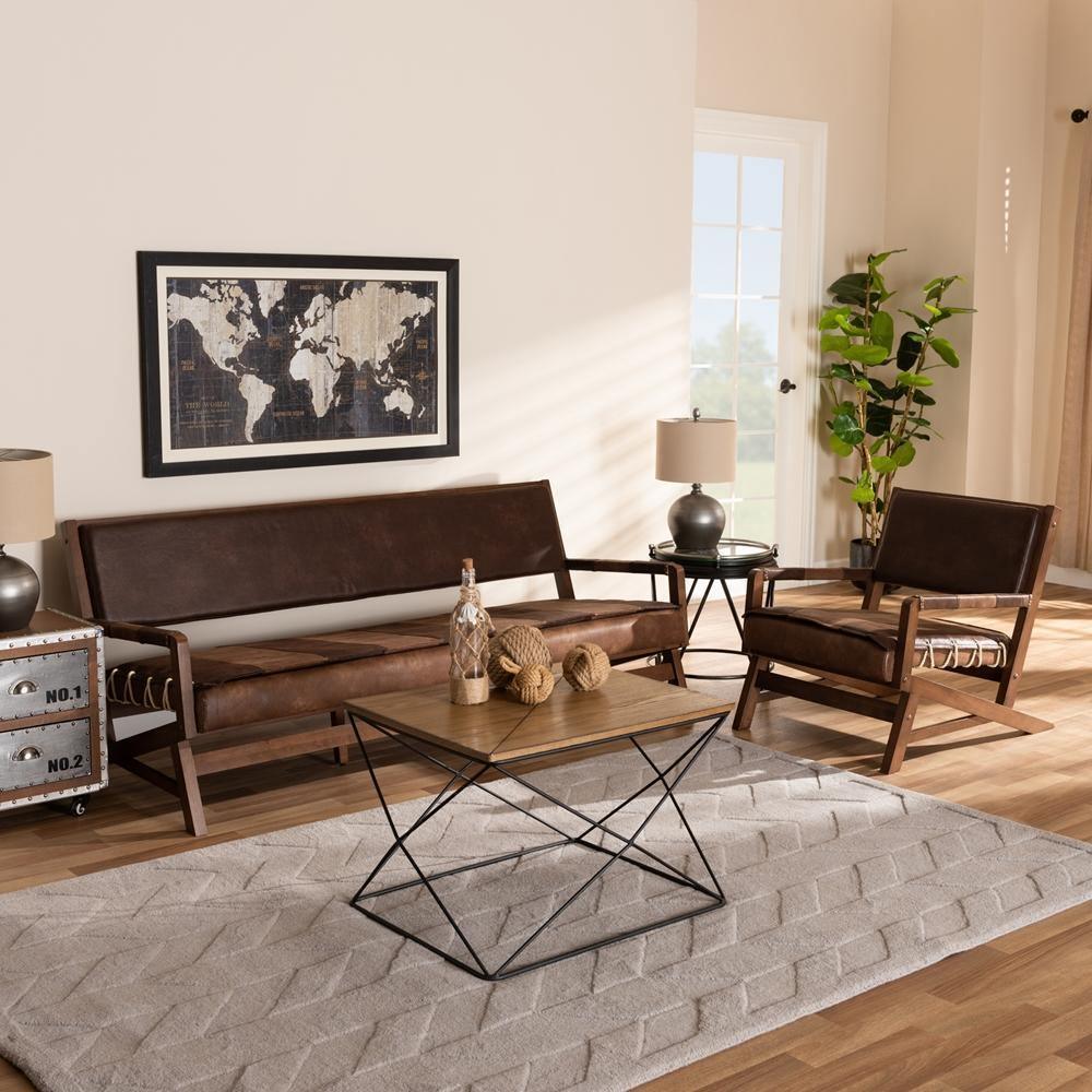 Rovelyn Rustic Brown Faux Leather Upholstered Walnut Finished Wood 2-Piece Living Room Set FredCo