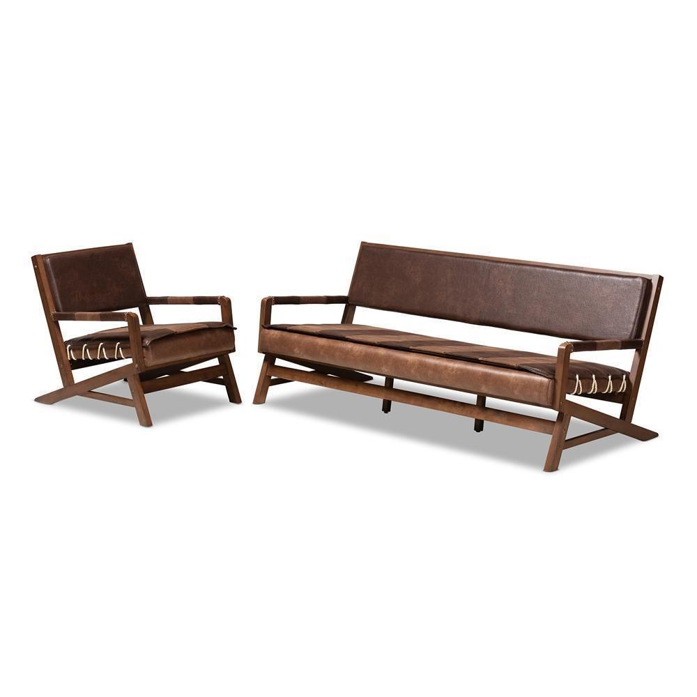 Rovelyn Rustic Brown Faux Leather Upholstered Walnut Finished Wood 2-Piece Living Room Set FredCo