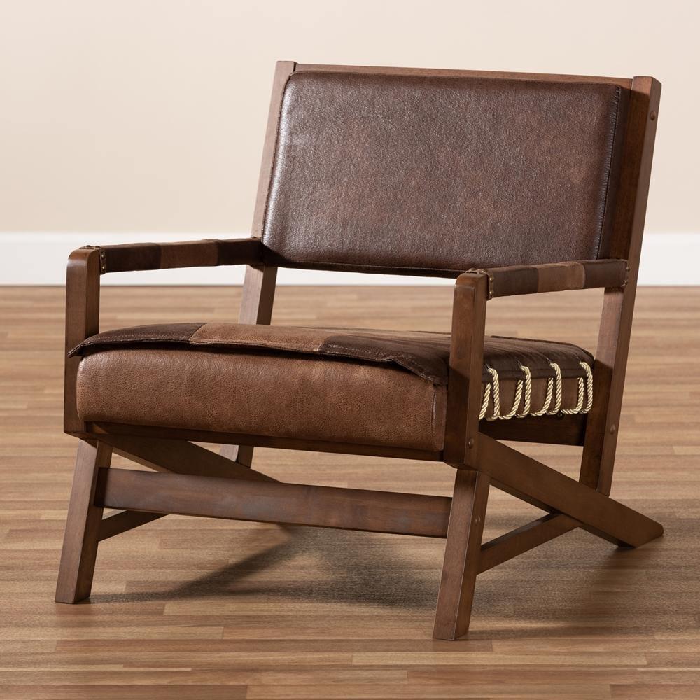 Rovelyn Rustic Brown Faux Leather Upholstered Walnut Finished Wood Lounge Chair FredCo