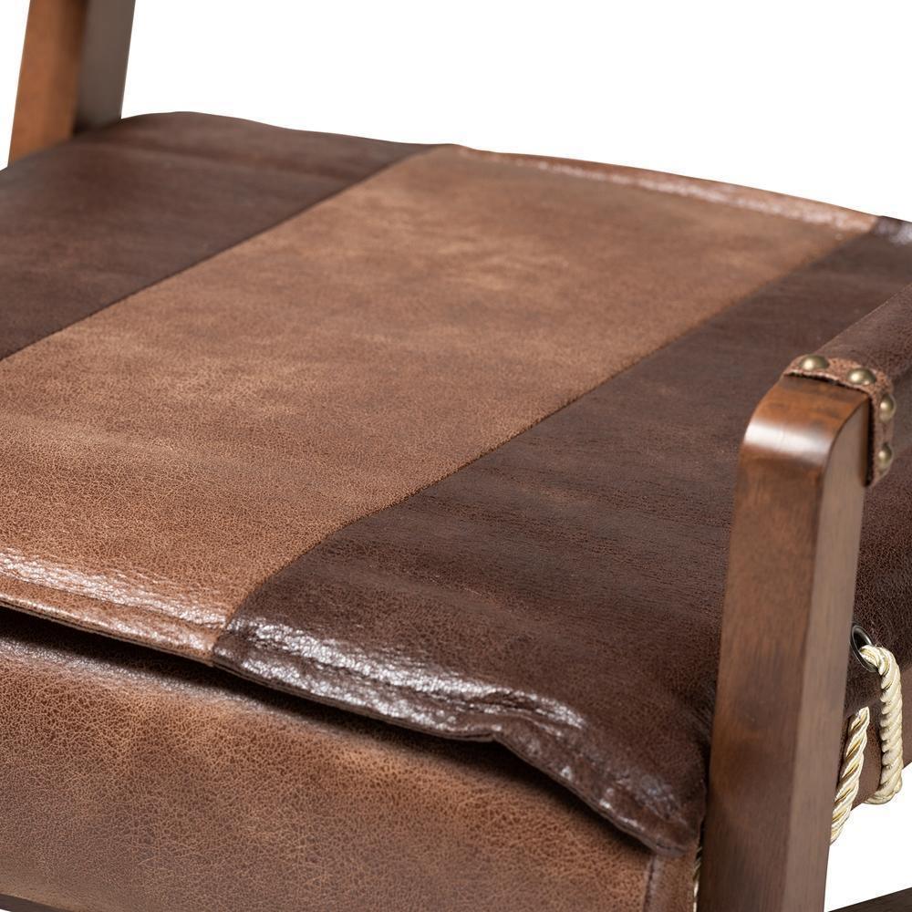 Rovelyn Rustic Brown Faux Leather Upholstered Walnut Finished Wood Lounge Chair FredCo