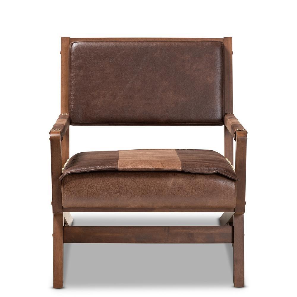 Rovelyn Rustic Brown Faux Leather Upholstered Walnut Finished Wood Lounge Chair FredCo