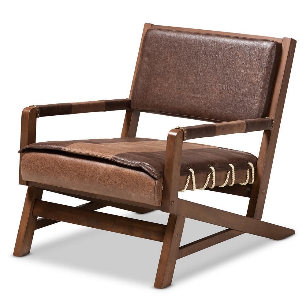 Rovelyn Rustic Brown Faux Leather Upholstered Walnut Finished Wood Lounge Chair FredCo