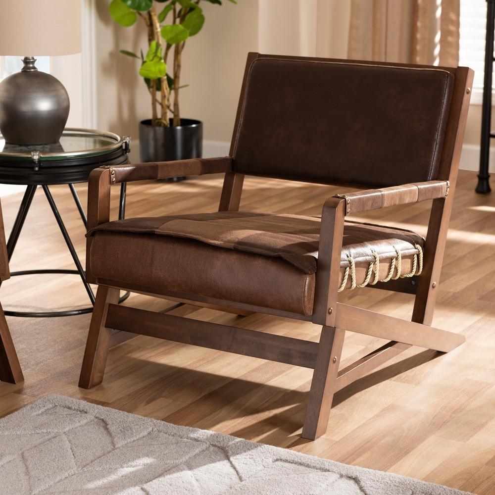 Rovelyn Rustic Brown Faux Leather Upholstered Walnut Finished Wood Lounge Chair FredCo