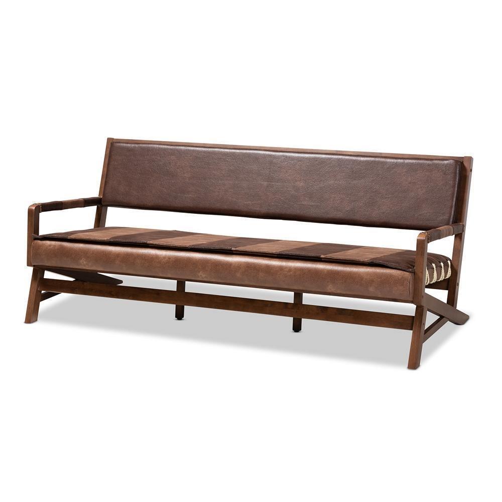 Rovelyn Rustic Brown Faux Leather Upholstered Walnut Finished Wood Sofa FredCo