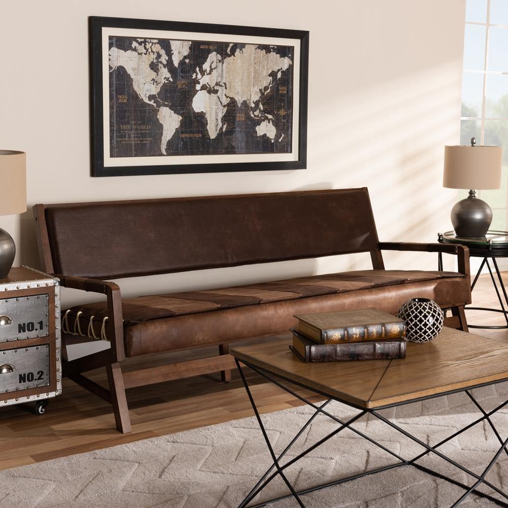 Rovelyn Rustic Brown Faux Leather Upholstered Walnut Finished Wood Sofa FredCo