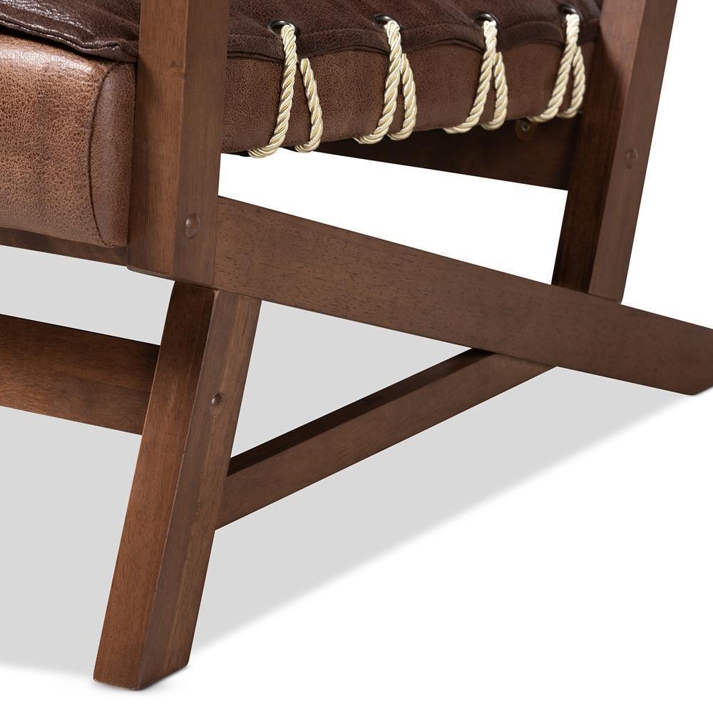Rovelyn Rustic Brown Faux Leather Upholstered Walnut Finished Wood Sofa FredCo