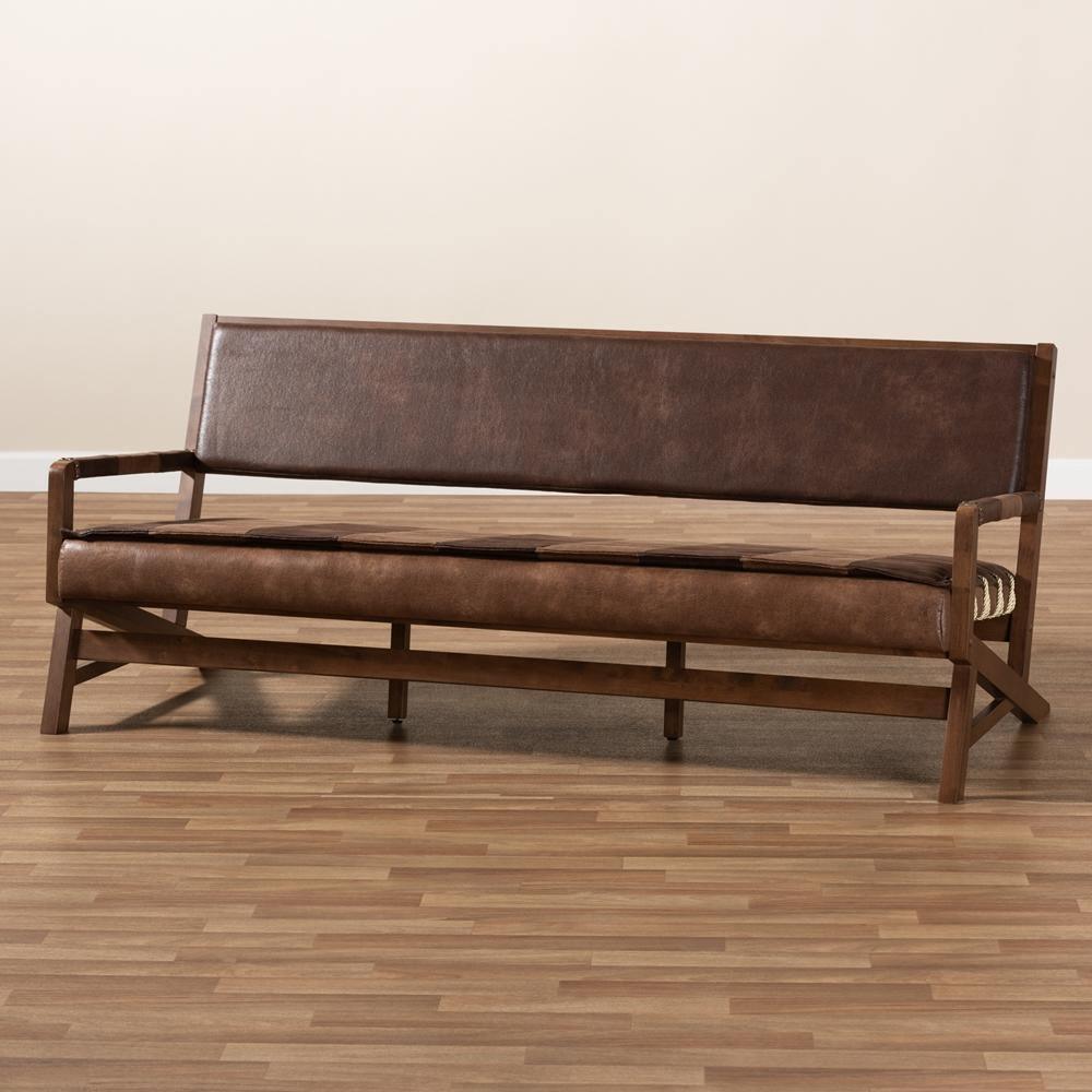 Rovelyn Rustic Brown Faux Leather Upholstered Walnut Finished Wood Sofa FredCo
