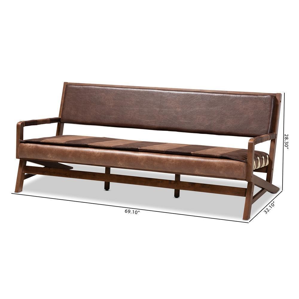 Rovelyn Rustic Brown Faux Leather Upholstered Walnut Finished Wood Sofa FredCo