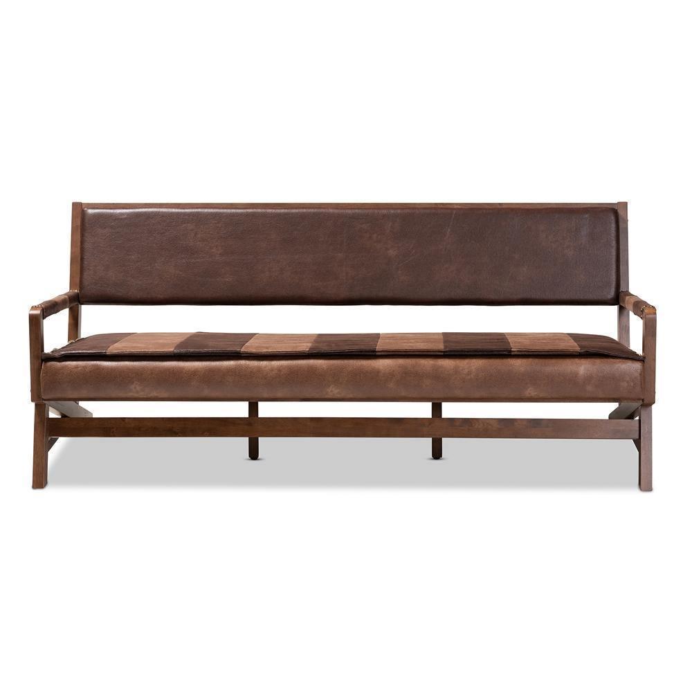Rovelyn Rustic Brown Faux Leather Upholstered Walnut Finished Wood Sofa FredCo