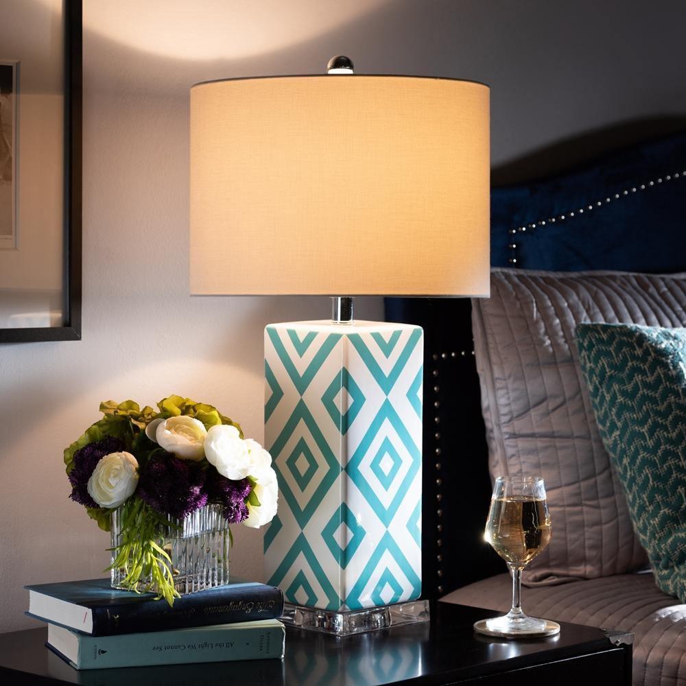 Rowen Modern and Contemporary Turquoise and White Diamond Patterned Ceramic Table Lamp FredCo