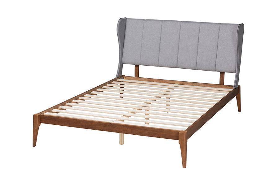 Royce Mid-Century Modern Transitional Light Grey Fabric and Ash Walnut Finished Wood Queen Size Bed FredCo