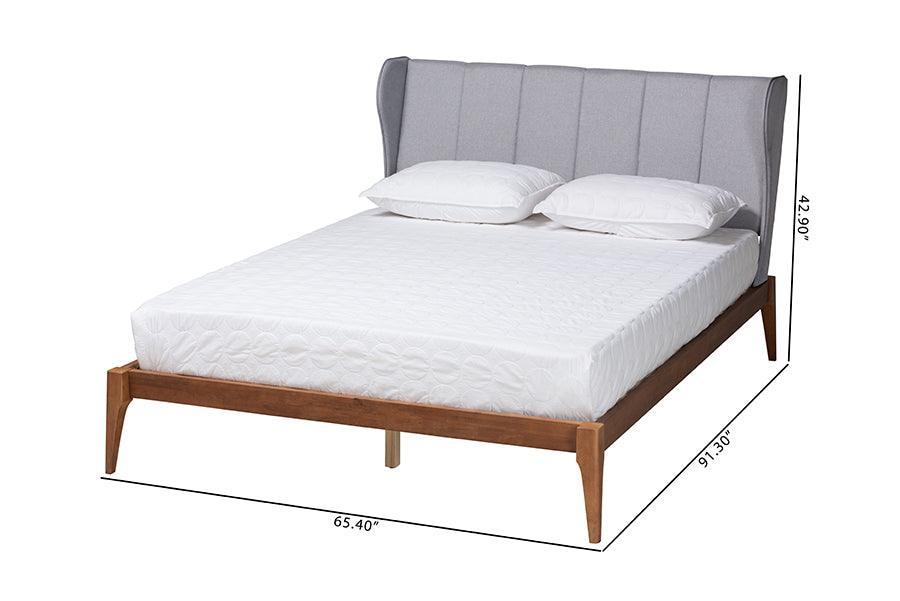 Royce Mid-Century Modern Transitional Light Grey Fabric and Ash Walnut Finished Wood Queen Size Bed FredCo