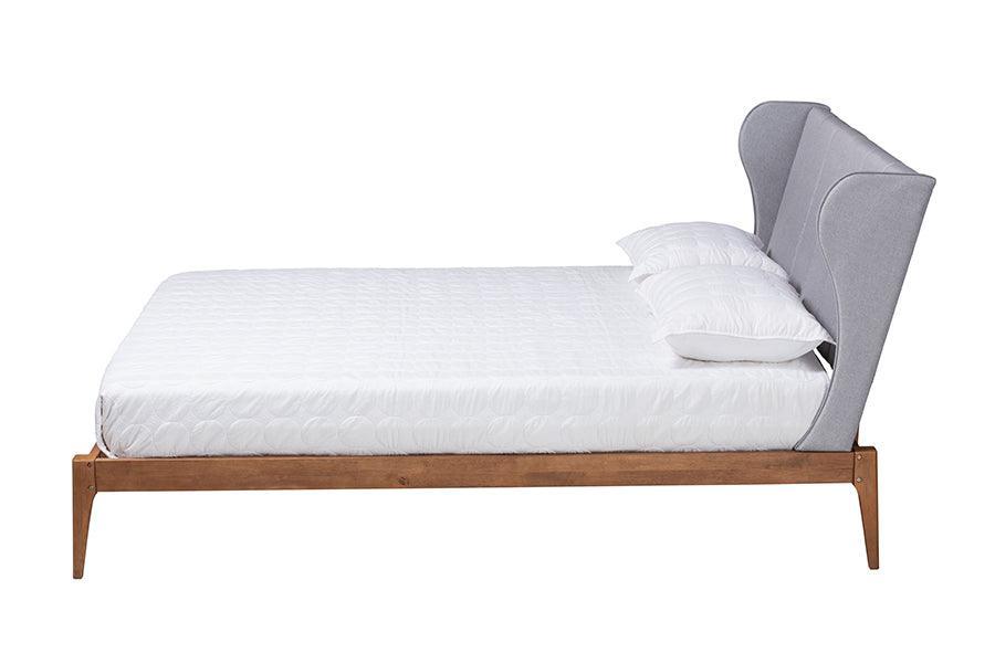 Royce Mid-Century Modern Transitional Light Grey Fabric and Ash Walnut Finished Wood Queen Size Bed FredCo