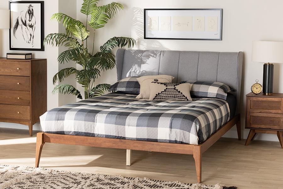 Royce Mid-Century Modern Transitional Light Grey Fabric and Ash Walnut Finished Wood Queen Size Bed FredCo