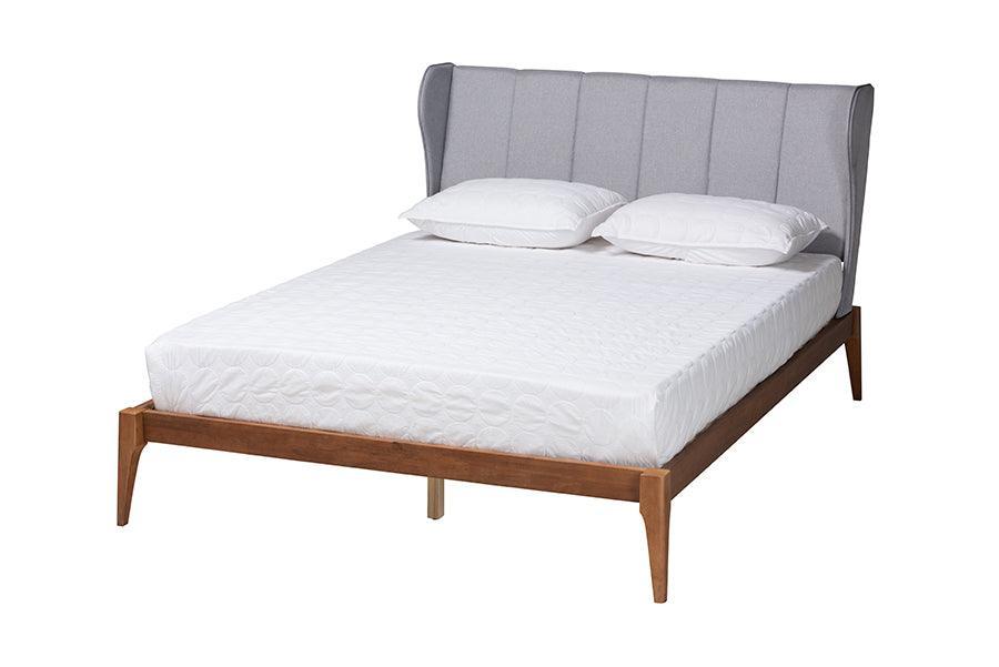 Royce Mid-Century Modern Transitional Light Grey Fabric and Ash Walnut Finished Wood Queen Size Bed FredCo