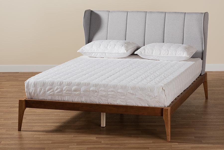 Royce Mid-Century Modern Transitional Light Grey Fabric and Ash Walnut Finished Wood Queen Size Bed FredCo