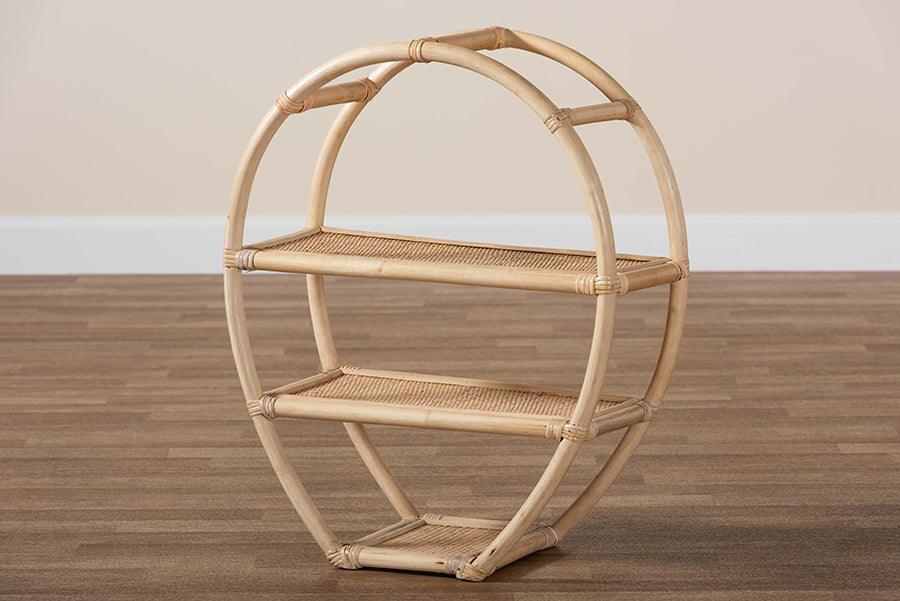 Ruana Modern Bohemian Natural Brown Finished Rattan 3-Tier Display Shelf FredCo