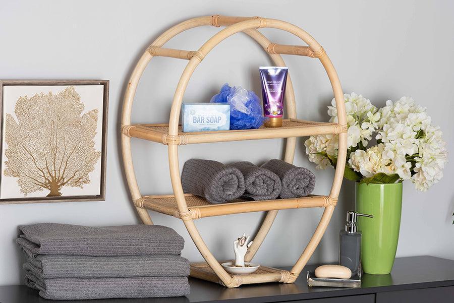 Ruana Modern Bohemian Natural Brown Finished Rattan 3-Tier Display Shelf FredCo
